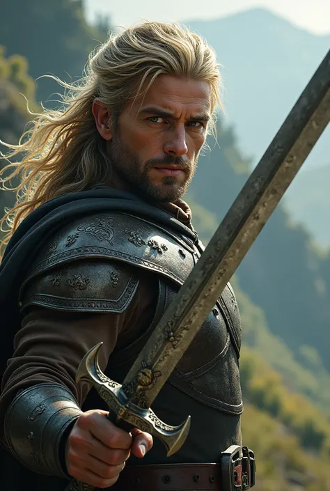 A man with long blond hair and hazel eyes, carrying a sword.