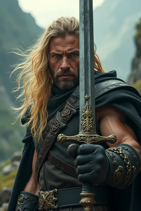 A man with long blond hair and hazel eyes, carrying a sword.