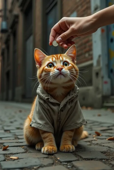 An orange tabby cat with white stripes sits on a worn cobblestone street. The cat is wearing a tattered and ragged shirt, with torn fabric hanging loosely from its body. Its large, slightly weary eyes give the impression of a stray cat accustomed to the ha...