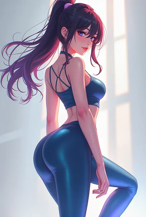 An anime-style girl wearing tight sexy leggings reflecting light