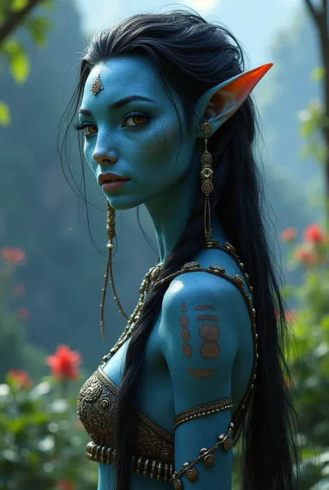 Beautiful girl Na'vi from Avatar The Way of the Water with black hair 