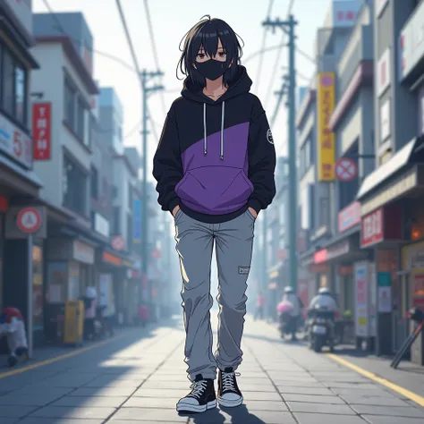  19-year-old boy ,  black and white purple hoodie, gray and white jeans , long black white sneakers  ,  walking around Tokyo,  thin hair , Anime style,dark black hair ,  high definition , brown eyes, ,anime guy, the long hair covers the ears,black cyber ma...