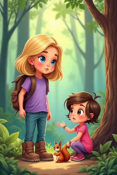 Create a cartoon scene using the following characteristics, Laura (((girl, 1.20m tall and 30kg, blonde hair just below her shoulders, blue eyes and fair skin, She is wearing a purple adventure t-shirt, comfortable pants and boots, and a small backpack on h...