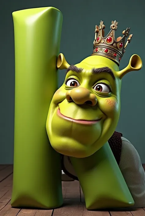 Shrek with a crown on the right side of the letter K in green and has Shrek's little ears 