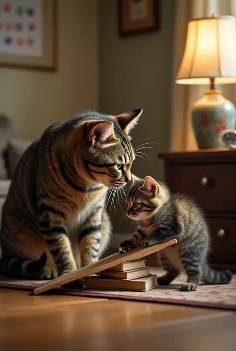 **Title:** *"A Mother’s Love in Many Forms: Scenes of Feline Care"*  

**Scene 1: The Cozy Home Clinic**  
In a softly lit living room, a tabby mother cat with a weathered but wise face gently nudges her three-legged kitten toward a miniature ramp she’s co...