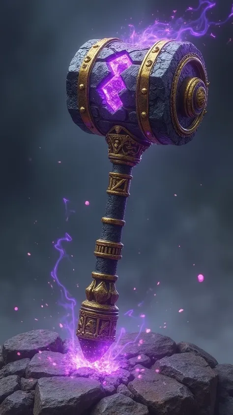  The Titanic Hammer is a colossal weapon carved from the ground itself,  with a handle reinforced by enchanted minerals . Its head is a block of black and gold obsidian adorned with pulsating purple and violet crystals that amplify its power. Each blow cau...