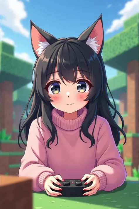 Beautiful girl with cat ears black hair pink sweater who likes to play Minecraft in anime version 