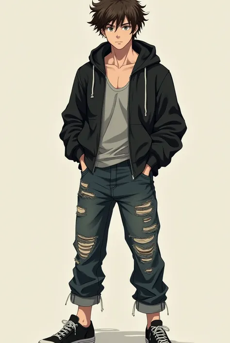 anime style, anime guy, torn grey tank top, black dirty sweatshirt,  black sneakers , ripped knee jeans, creamy skin,dirty curly brown hair,  grey eyes