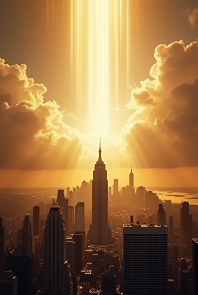 A breathtaking, realistic depiction of God's glory being poured out over a city like New York with Jesus looking over the city through the clouds. Radiant golden and white light beams break through the sky, illuminating the skyscrapers and streets below wi...