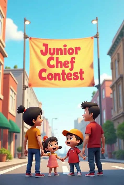  Please make an image of 3D animated cartoon

A large banner stands at the intersection of the city, on which  "Junior Chef Contest "  is being announced. ren and parents look at the banner excitedly, while Ian and Zoya look at each other with excited eyes...