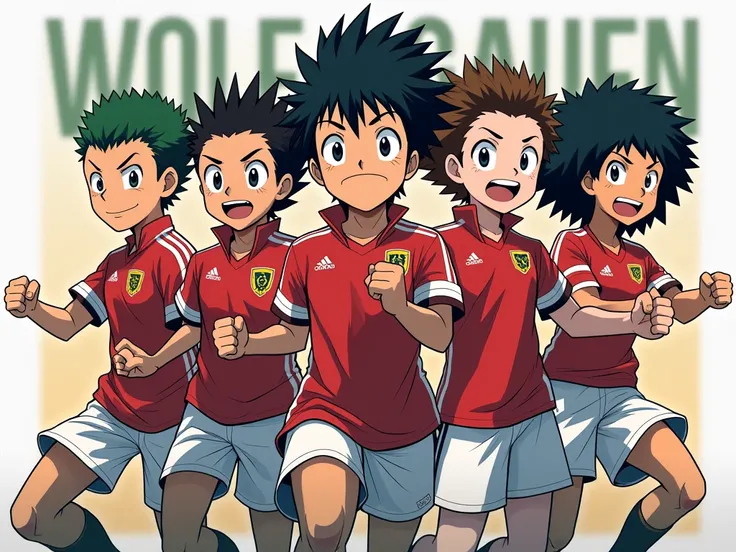 faite moi une composition de l'equipe wolf gakuen l'univers de inazuma eleven avec des coupe de cheveux stylé et bien dessiner avec des expression explosif et a gauche et a droite les nom de personnage.