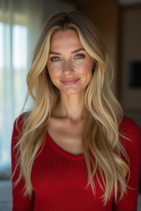  Portrait of a blonde woman with long, silky hair ,  with a confident expression and gentle smile .  The image must be ultra-realistic ,  with soft lighting highlighting her delicate and natural features . She wears a sexy red sweater in a hotel room