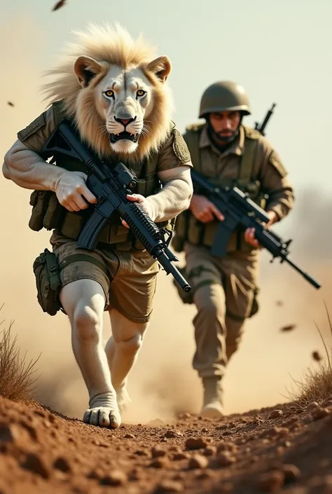 Ultra-realistic image of a massive humanoid white lion and a South African army soldier both sprinting forward, each gripping a powerful machine gun. The lion, dressed in full South African military camouflage, holds its weapon with a commanding, focused s...