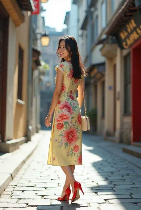 A milf, likely Asian and in her twenties, is seen from the back, walking down a narrow, urban street. She is of medium build. She is wearing a light yellow-blue qipao-style dress with a floral print in shades of red, pink, and white. The dress has a high n...