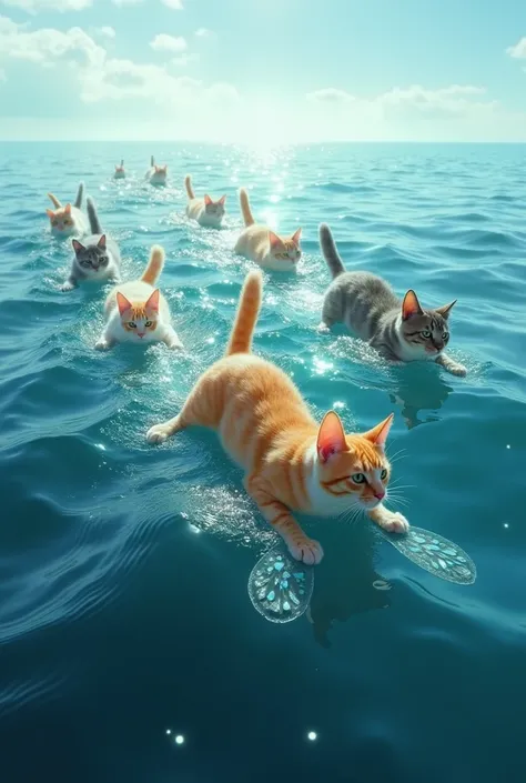 a flock of cats with fins and a fish tail, sail across the ocean 