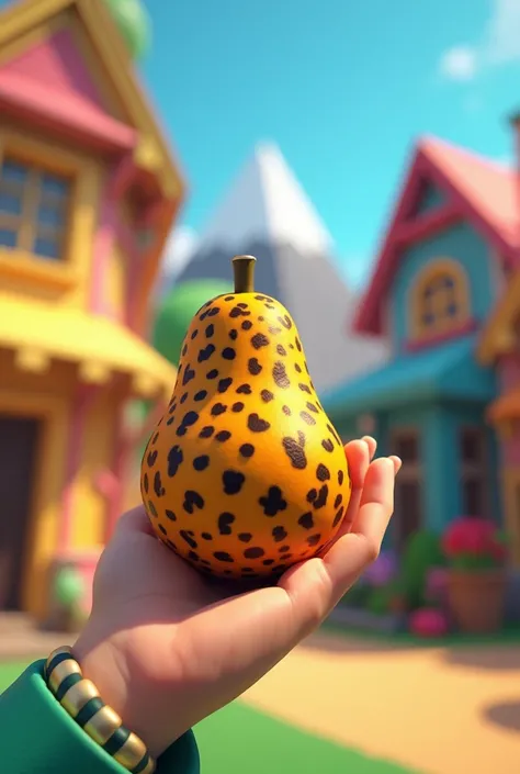 A roblox player holds a leopard-like fruit in his hand