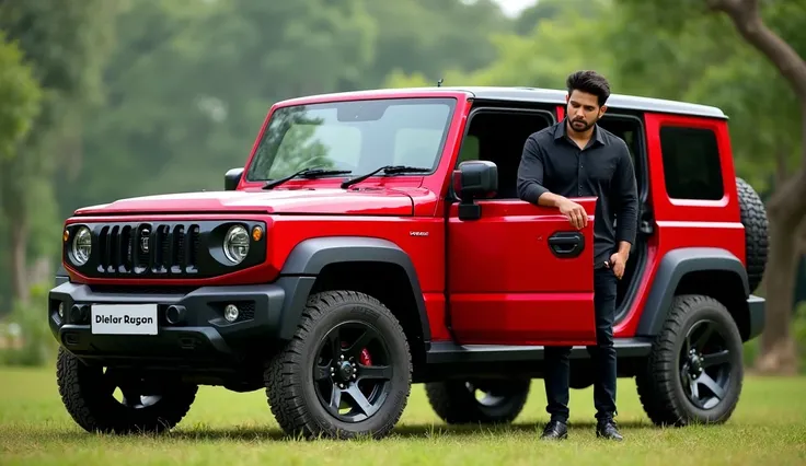 2025 MAHINDRA THAR ULTRA RED WITH ALLU ARJUN STANDING BESIDE THE OPEN DOOR