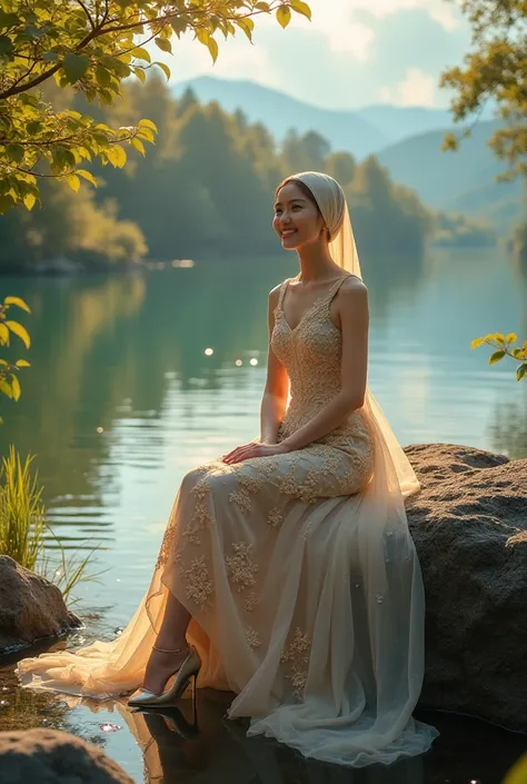 Photography of a beautiful Korean woman, wearing a triangular headscarf, wearing modern long gamis, gold embroidered lace floral print, wearing high heels ,  is sitting smiling sweetly,on a rock near Lake Toba, cool atmosphere there is a rainbow,and there ...