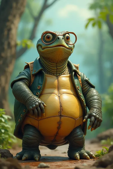 Turtle with the body of a fat man with glasses