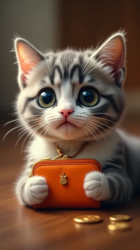 An adorable gray and white cat with big, expressive eyes is holding a bright orange wallet, with a golden coin dangling from its neck. The scene has soft, warm lighting, creating a cozy atmosphere. The cat appears surprised and curious, as if it is about t...