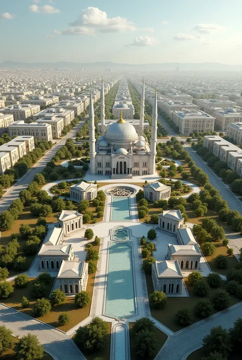 (buildings,  various models, 아제르바이잔식 buildings 포함) + A planned city built on a flat site with a large mosque