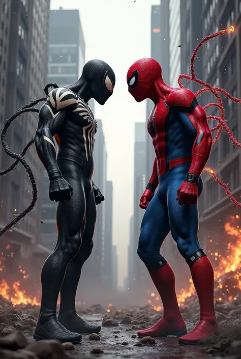 Picture Spider-Man vs. Spider-Man infected by Symbiot fighting, both of them in the same weight class 