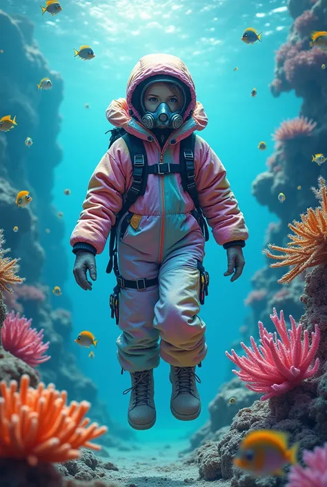 Beautiful teenage girl wearing shiny puffy multicolor one piece downsuit, puffy hood, heavy puffy gloves, heavy puffy snowboots, gasmask, swim undersea among corals