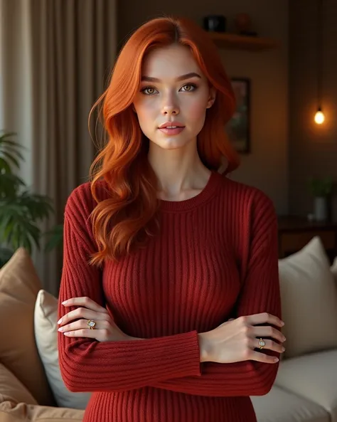 (photorealism:1.2), Beautiful woman with red hair, red sweater, brown eyes, jeans, standing up, realistic, living room background, wedding ring 