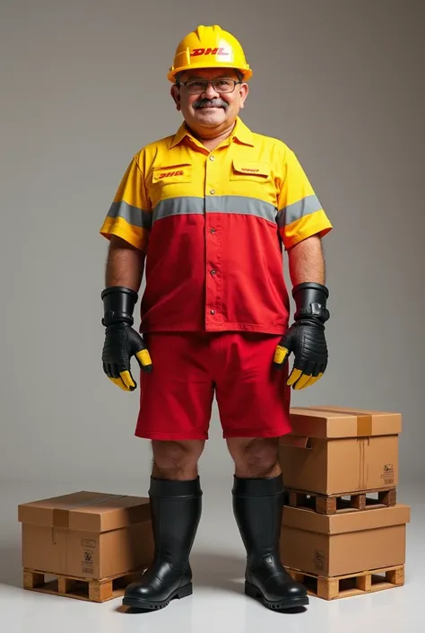 Create a mascot, non-human, in the form of a clay brick. The mascot must show detailed features of the brick and wear the DHL uniform: a shirt that is half yellow and half red, with a gray reflective stripe. It should also wear predominantly black safety g...