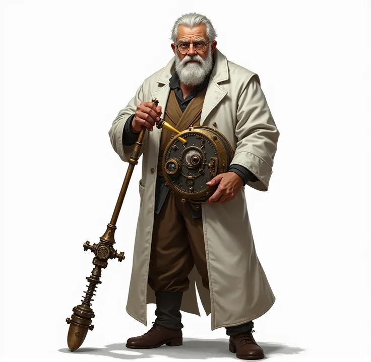 masterpiece, best quality, artificer, artificer mature male, fantasy white lab coat, standing confidently, spring mechanism, monocle on eye, solder the device, detailed style, intricate textures, fantasy theme, gritty atmosphere, medieval, (fantasy:1.5), (...