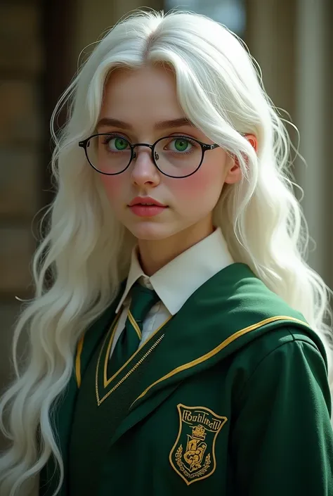 student at Hogwarts, 18 years old, white hair, emerald eyes, long hair , young girl , realistic, 4k, magic, she's wearing a slythrin uniform and glasses
Olive skin