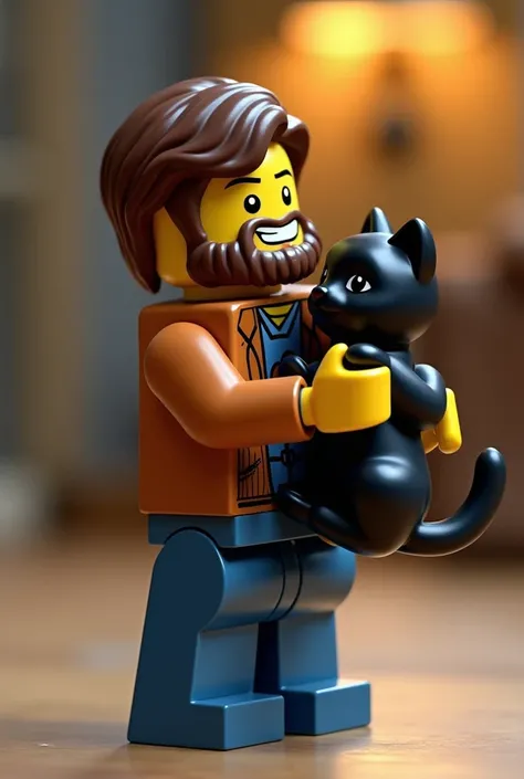 A happy male lego figure with medium length brown hair and brown beard wearing a leather jacket and blue jeans holding a black cat