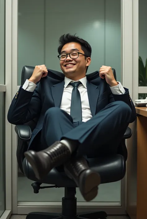 A handsome Asian guy，Wear glasses and wear a suit，Wearing police boots，Sit on an office chair and pull up your pants to reveal your white socks