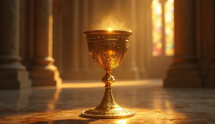 in an animated comic strip  ,  solid gold chalice features an ancient and majestic design,  with artistically engraved details along its surface .  Its border is adorned with precious pearls ,  that shines brightly under the light , reflecting luxury and s...