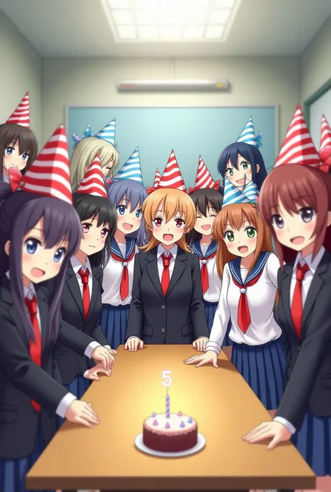 Create an image of 24 anime-style teenagers in a classroom celebrating a birthday party.

12 teenagers, 6 boys and 6 girls, are wearing black and red school uniforms with red party hats with white stripes.

Another 12 teenagers, 12 girls, are wearing white...