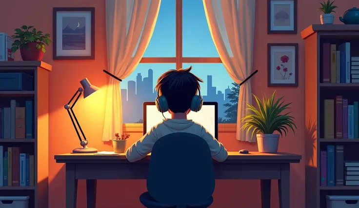 character sitting at a desk with headphones on, in a cozy room with warm lighting. The room should have elements such as books, decorations, and a window showing either a cityscape or
nature.
The atmosphere should be calm and inviting, suitable for studyin...