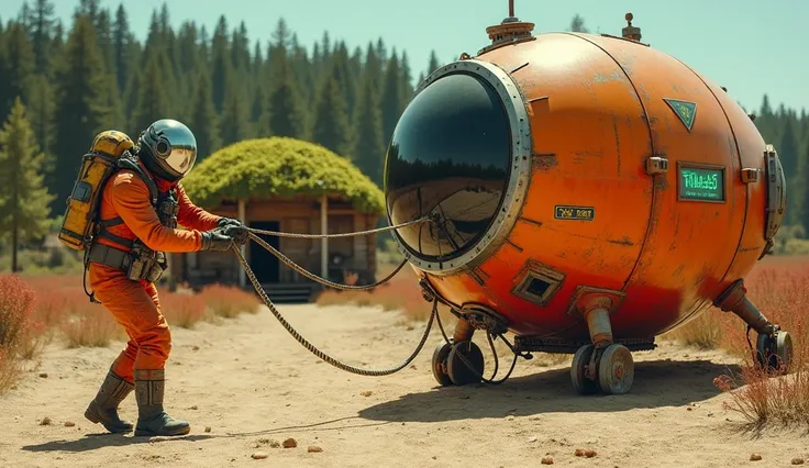  A space explorer wearing a survival suit ,  equipped with a mask and futuristic helmet with a mirrored visor ,  is pulling a cable connected to a descent capsule . The capsule is big, metallic, vibrant orange in color,  with signs of wear ,  radioactive w...