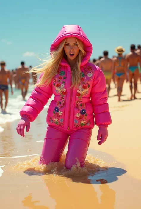 Beautiful blonde wearing heavy puffy bright pink embroidered one piece down suit, puffy hood, heavy puffy gloves, drowning in quicksand, crying for help, crowded sandy beach