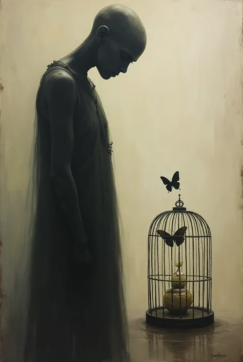  Oil painting drawing a shadow in the shape of a man without a face or color, Demonstrating sadness, directed at a dead and caged butterfly 