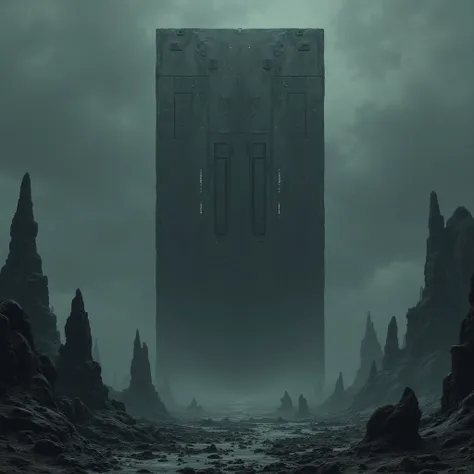 (Dark futurism world ,  biomechanics art hr giger.  cyberpunk .)  Next to the gray rectangular monolith touching the dark dark sky, On the rocky plain ,  with sharp rocks formed by nature . f
