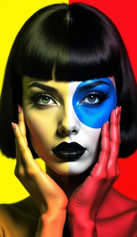 Create an avant-garde, high-contrast portrait of a woman with striking, sculptural features and bold makeup. The image is divided into four quadrants, each showcasing distinct color tones: deep yellow, vibrant red, monochrome black and white, and a bold bl...