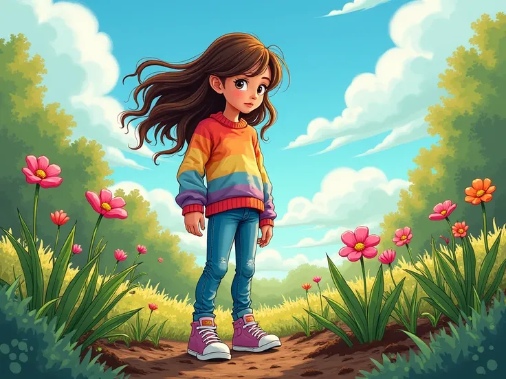 A whimsical scene featuring a  standing in a vibrant garden, captivated by a flower bed filled with freshly sprouted seedlings. She is wearing a cozy, multicolored sweater that contrasts beautifully with her denim jeans and playful sneakers. The sunlight c...