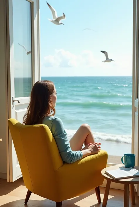 
Let's see a 35-year-old woman with brown hair and white hair sitting in her yellow chair by a seaside window, looking at the sea with her back turned. Sit slightly cross-legged. Have a coffee table next to it. Have a blue mug and a book on the coffee tabl...