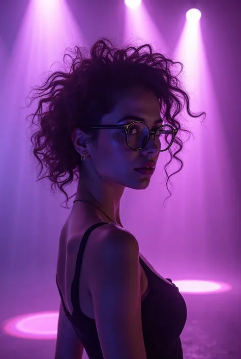  one with curly hair, Is her haircut mohawk, She wears glasses, She is white, It's in a purple setting, Which has purple lights, Are there rays on the stage, And from her eyes shine 