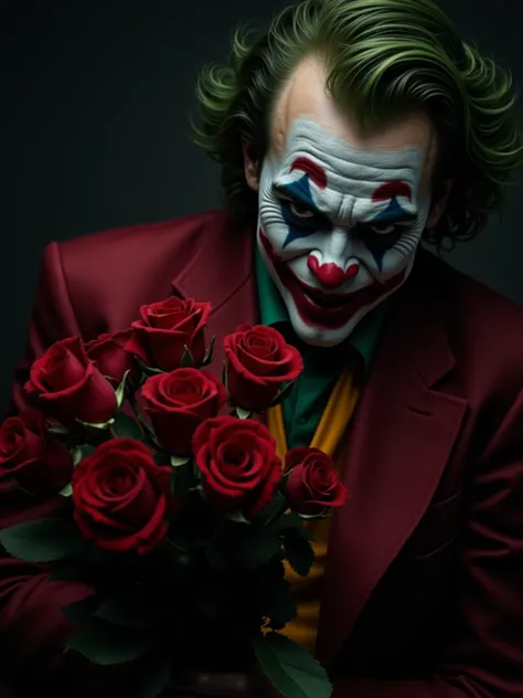 Half-close shot ,  the joker with a sneaky smile , stinging diabolic look ,  hypocritically holds a bouquet of red roses in his hand, A masterpiece,  hyperrealistic ,  photorealistic, 16K UHD, The picture should have a frightening effect on the viewer 