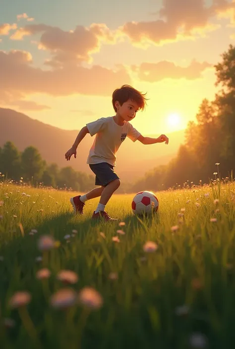 Boy playing soccer at dusk in the meadow