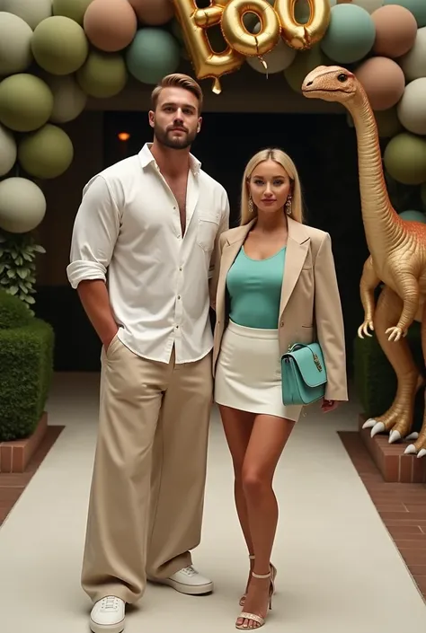 Couple at a ren's birthday with Dinosaur-themed entry. man Theo James , 27 years old, model, Super tall and strong, muscular, strong physique,  short beard ,  classic light blonde hair ,  square face ,  light white skin ,  blue eyes, forte e muscular, wear...