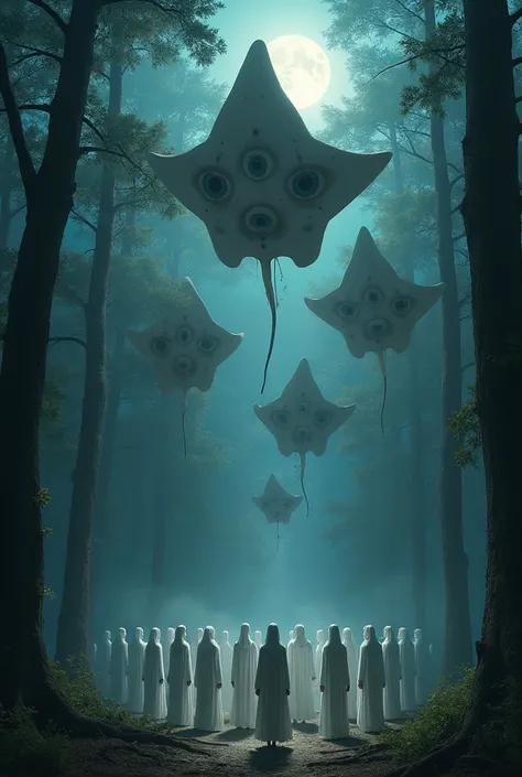 stingrays with many human eyes all over its body hovering over hundreds of people dressed in white in the night sky in the woods 