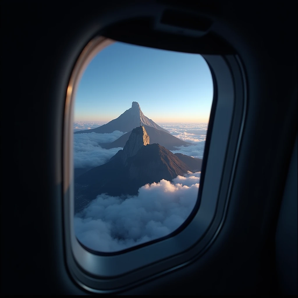 A breathtaking view of the Christ the Redeemer statue in Rio de Janeiro, Brazil, seen through an airplane window, surrounded by darkness. The airplane window frame is detailed, with realistic reflections and textures. Stunning lighting, high contrast, vivi...