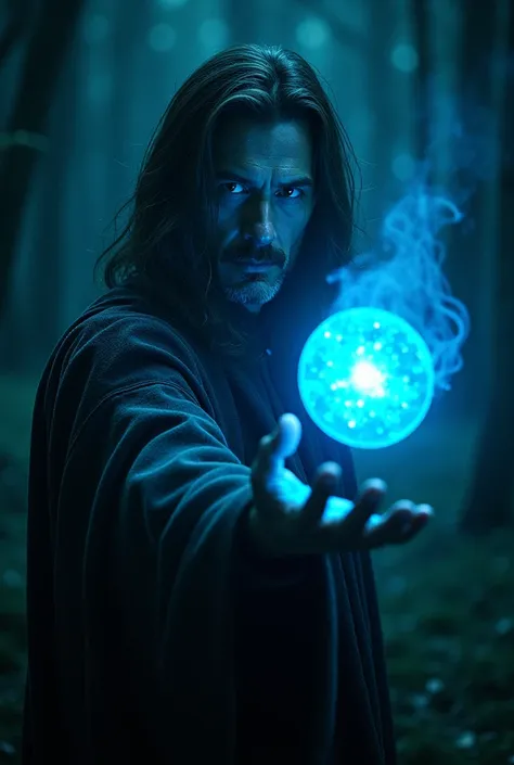  Can you draw me a bewitched man holding a blue light in his hand(Let him have long hair and the background be dark )